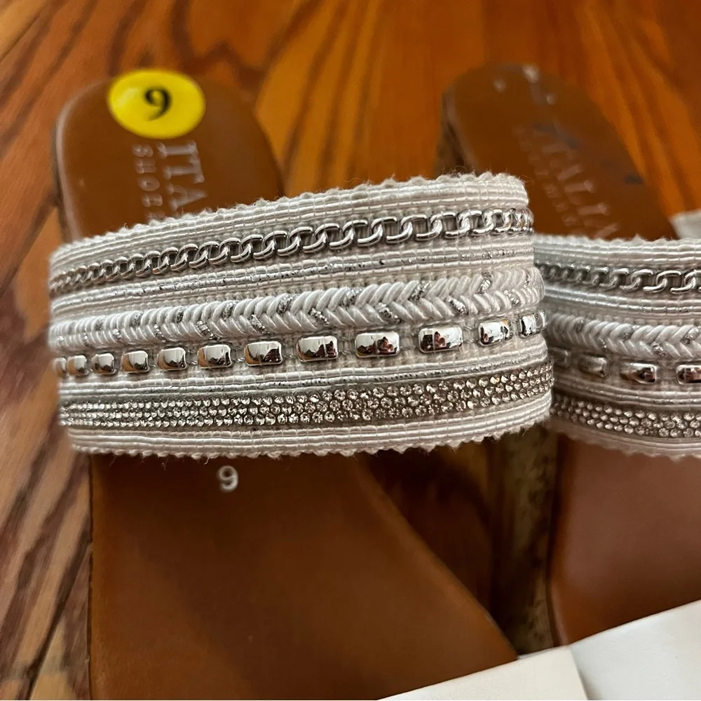 Italian Shoe Makers Silver Embellished Double Band Wedge Sandals Made In Italy 9